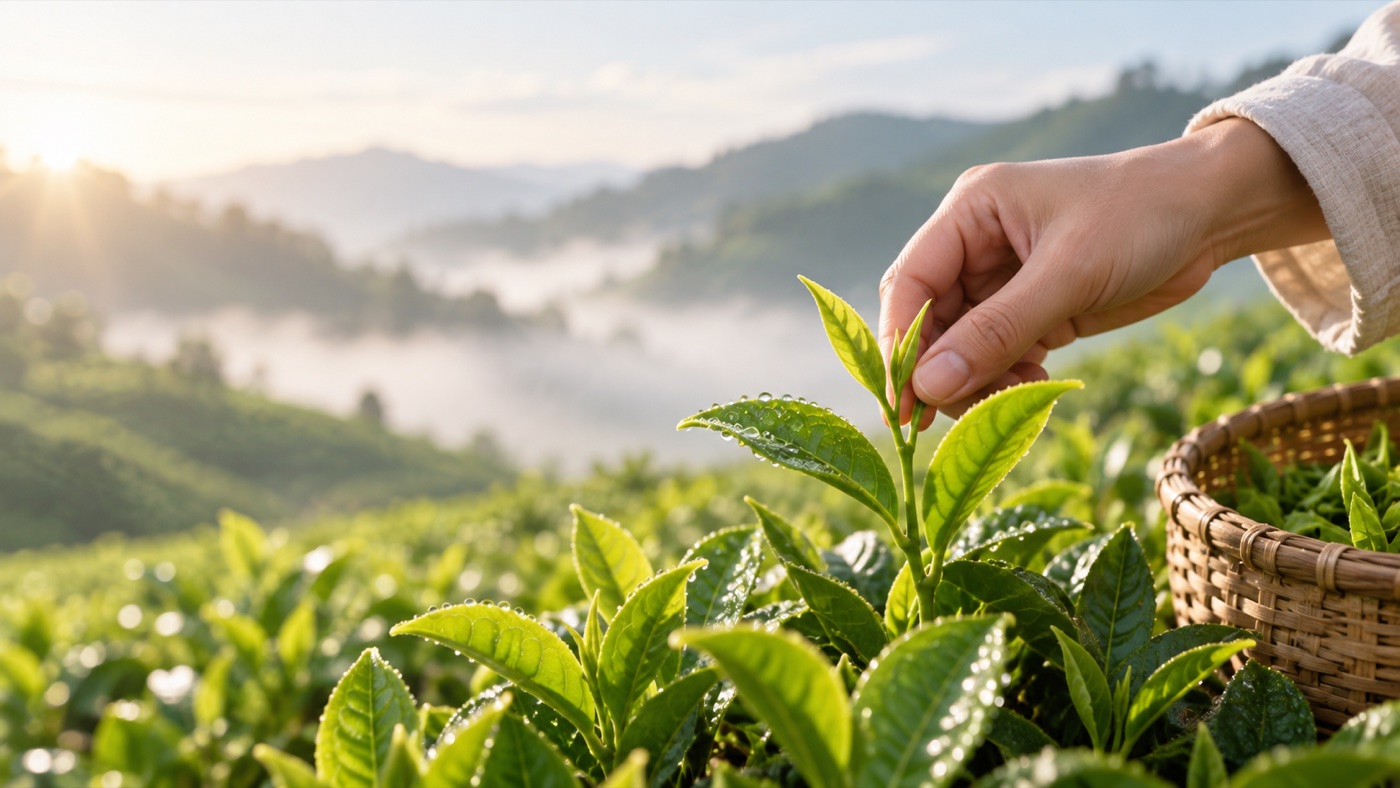 A fresh tea sprig gently picked in a dewy tea garden