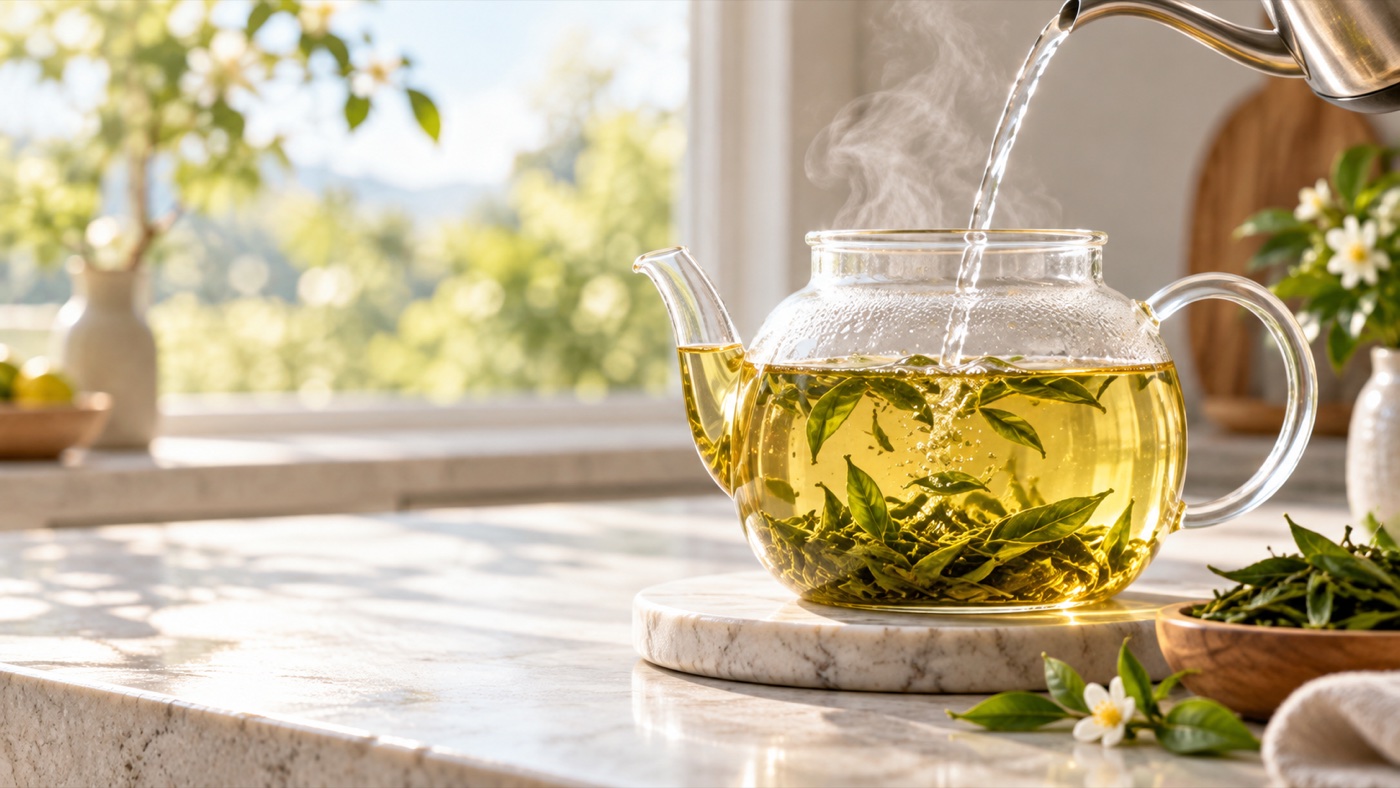 Fresh tea leaves brewing in a clear glass teapot