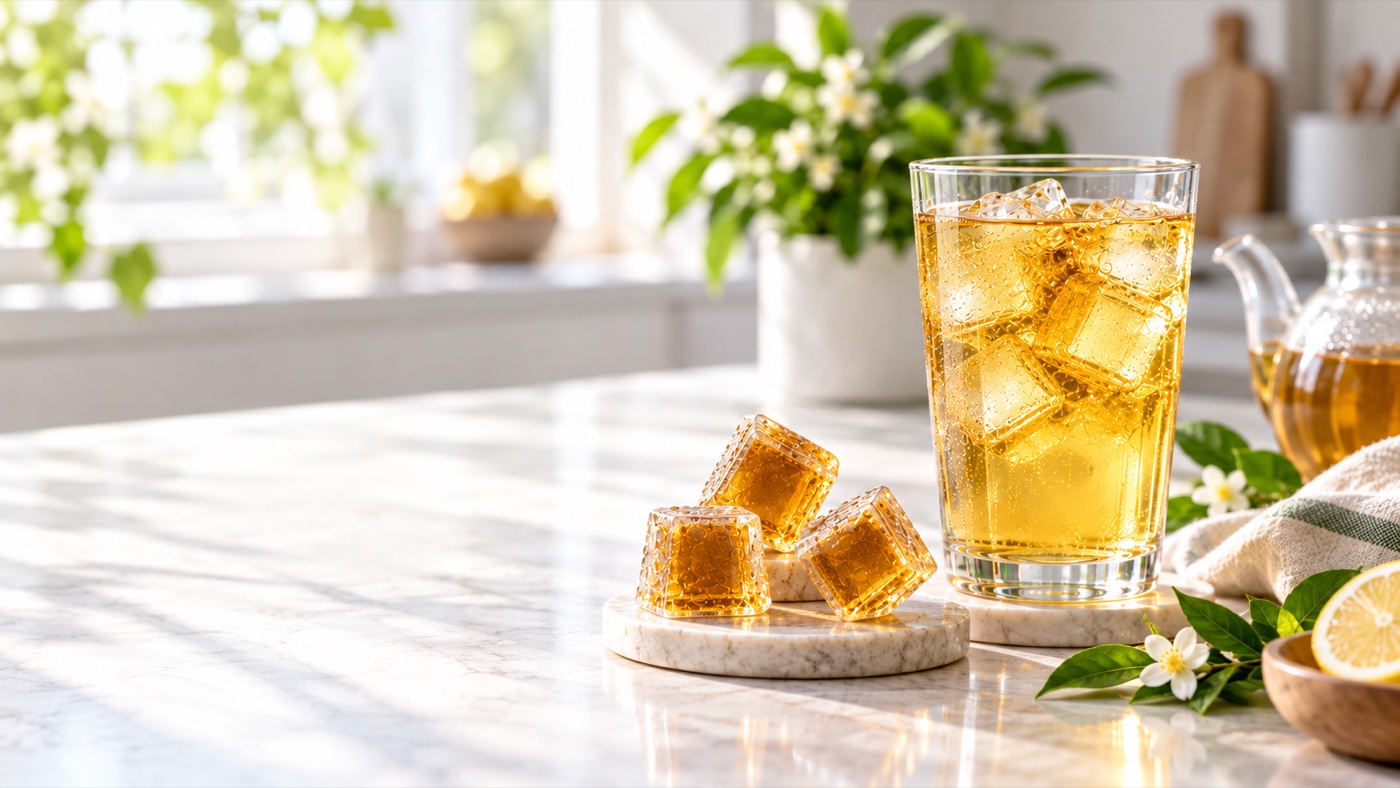 Frozen brewed-tea pods beside a glass of iced tea
