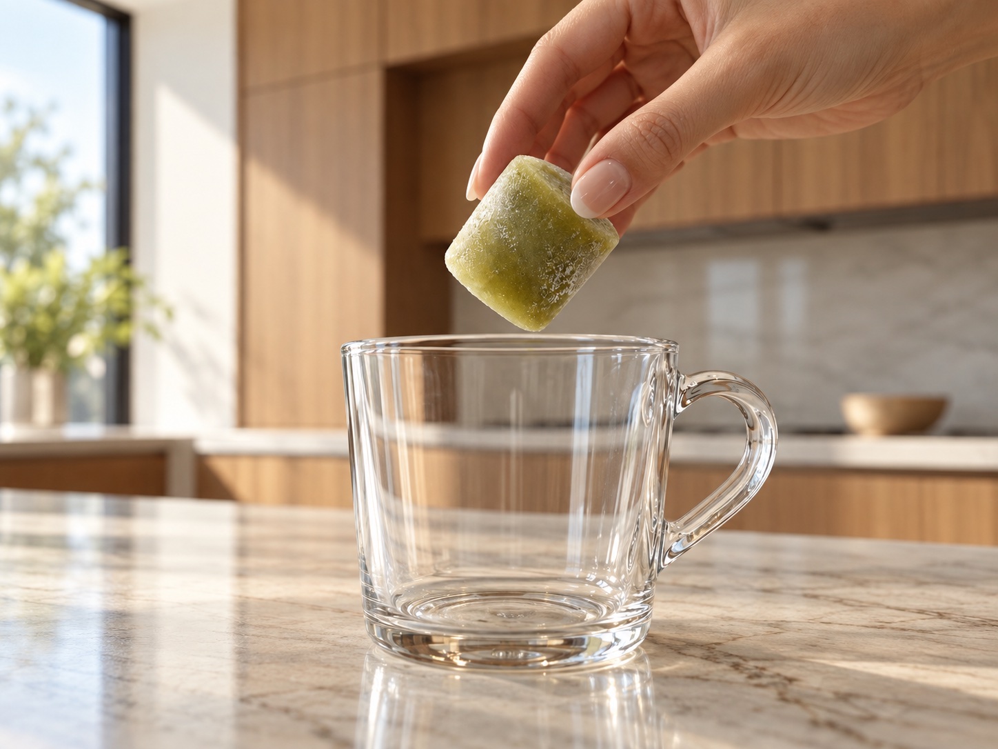 A frozen green tea pod being dropped into a clear glass mug
