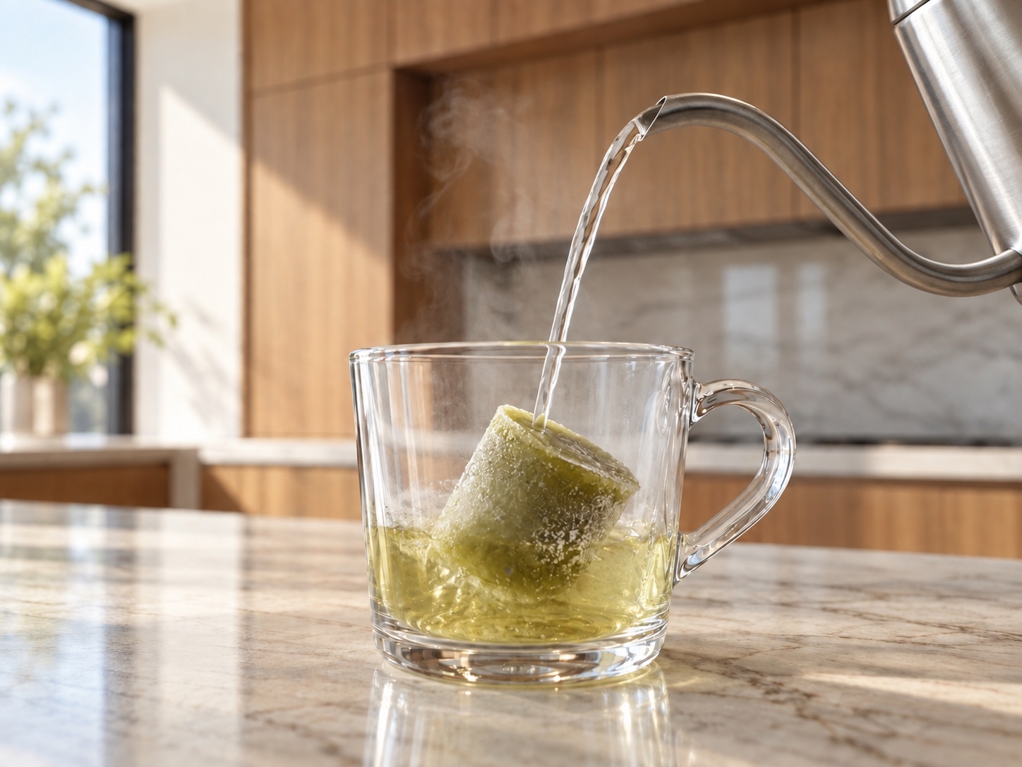 Hot water poured over a frozen tea pod in a glass mug